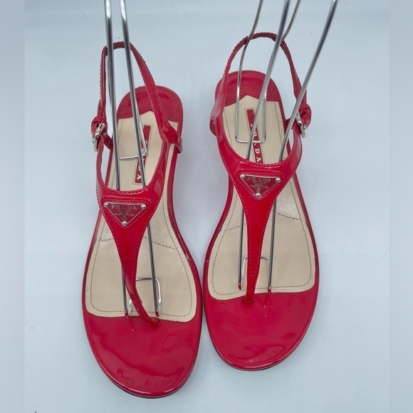 Prada Red Patent leather triangle logo plaque Thong wedge sandals low heel 37.5 - Picture 1 of 13